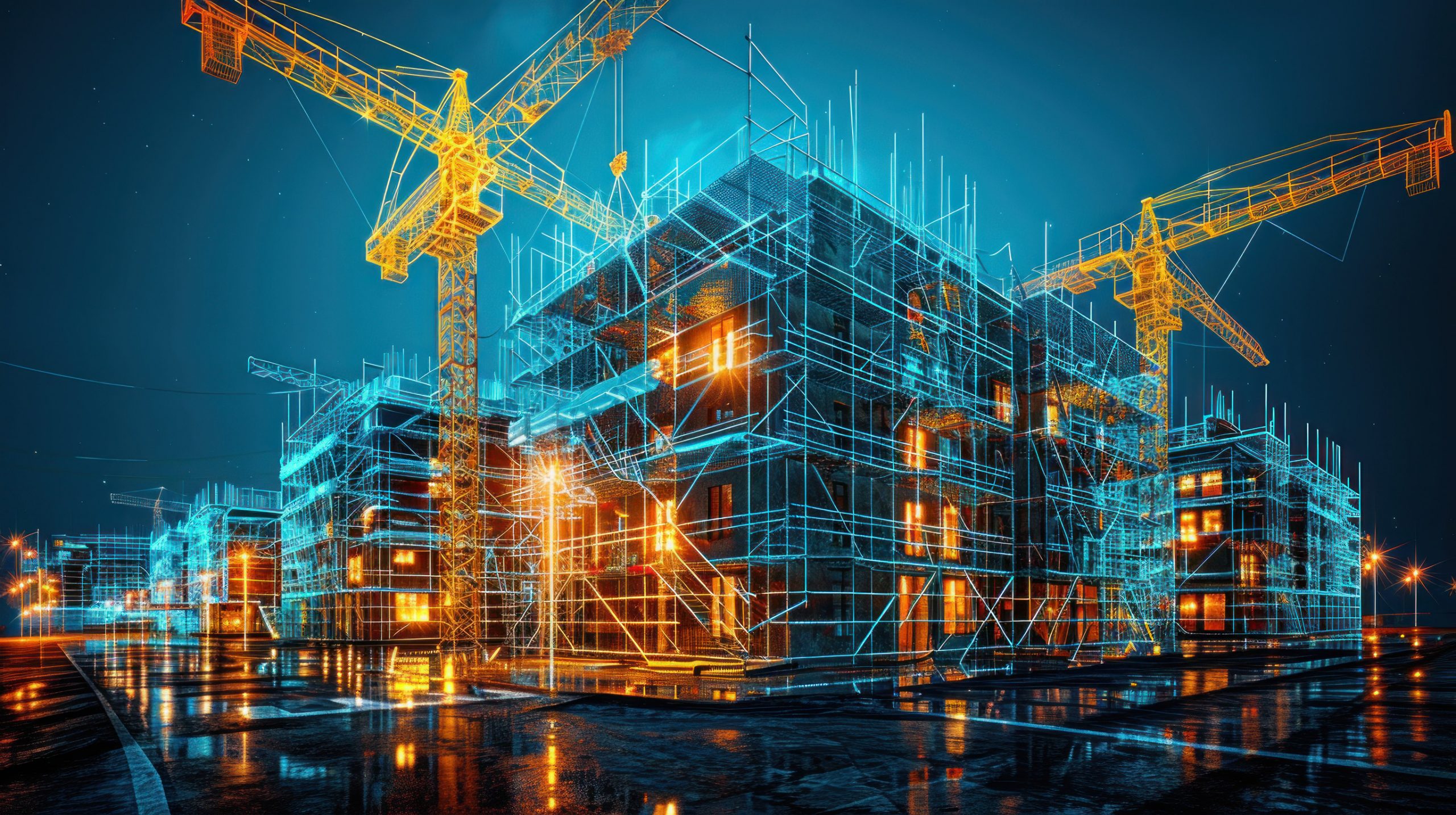 A digital rendering of a city under construction, illuminated by glowing lights bim specialist